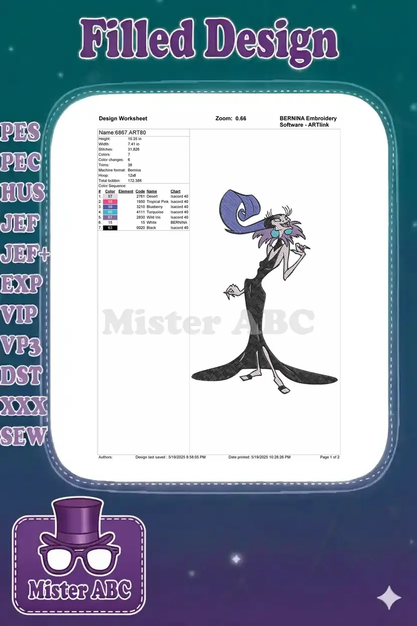 Embroidery design worksheet for Yzma, detailing dimensions, stitch count, color sequence, and recommended thread types.