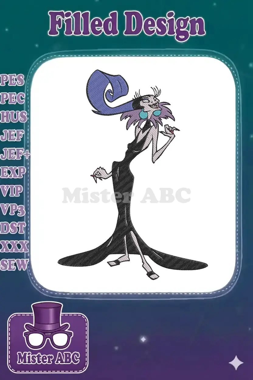 Striking Yzma embroidery design from Disney's "The Emperor's New Groove," featuring her iconic black dress and purple headdress.