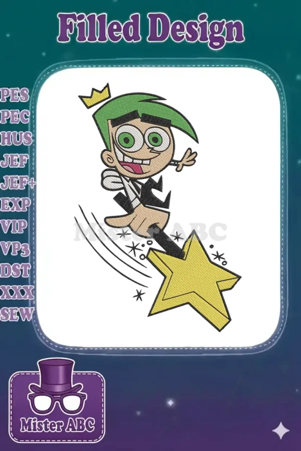 Embroidery design of Cosmo from Fairly OddParents, joyfully riding a yellow star with green hair and crown. Features detailed fill and satin stitches.