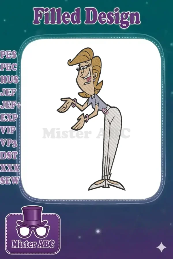 A vibrant embroidery design featuring Mrs. Turner from Fairly OddParents, depicted mid-gesture with a cheerful expression.
