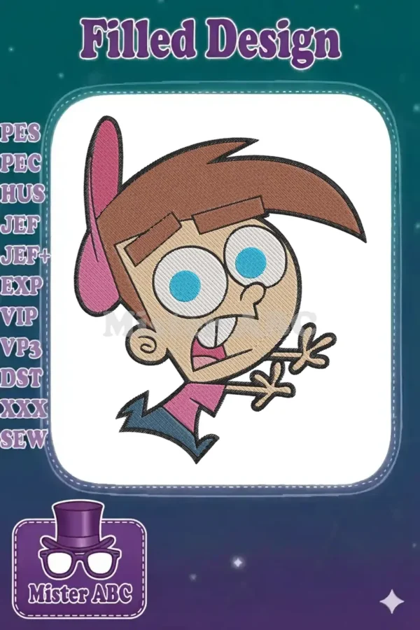 Timmy Turner embroidery design with a surprised expression, pink hat, brown hair, and blue eyes.