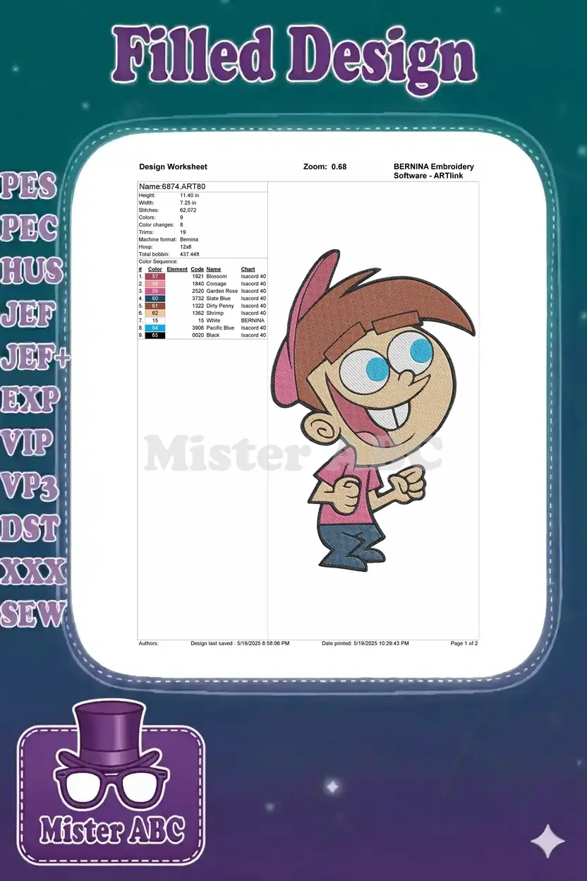 Detailed embroidery design worksheet for Timmy Turner, showing dimensions, stitch count, and thread colors.