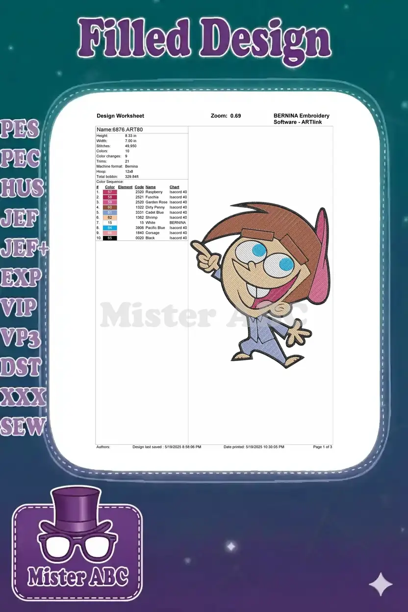 A comprehensive embroidery design worksheet displaying project details, color sequence, and a design preview.