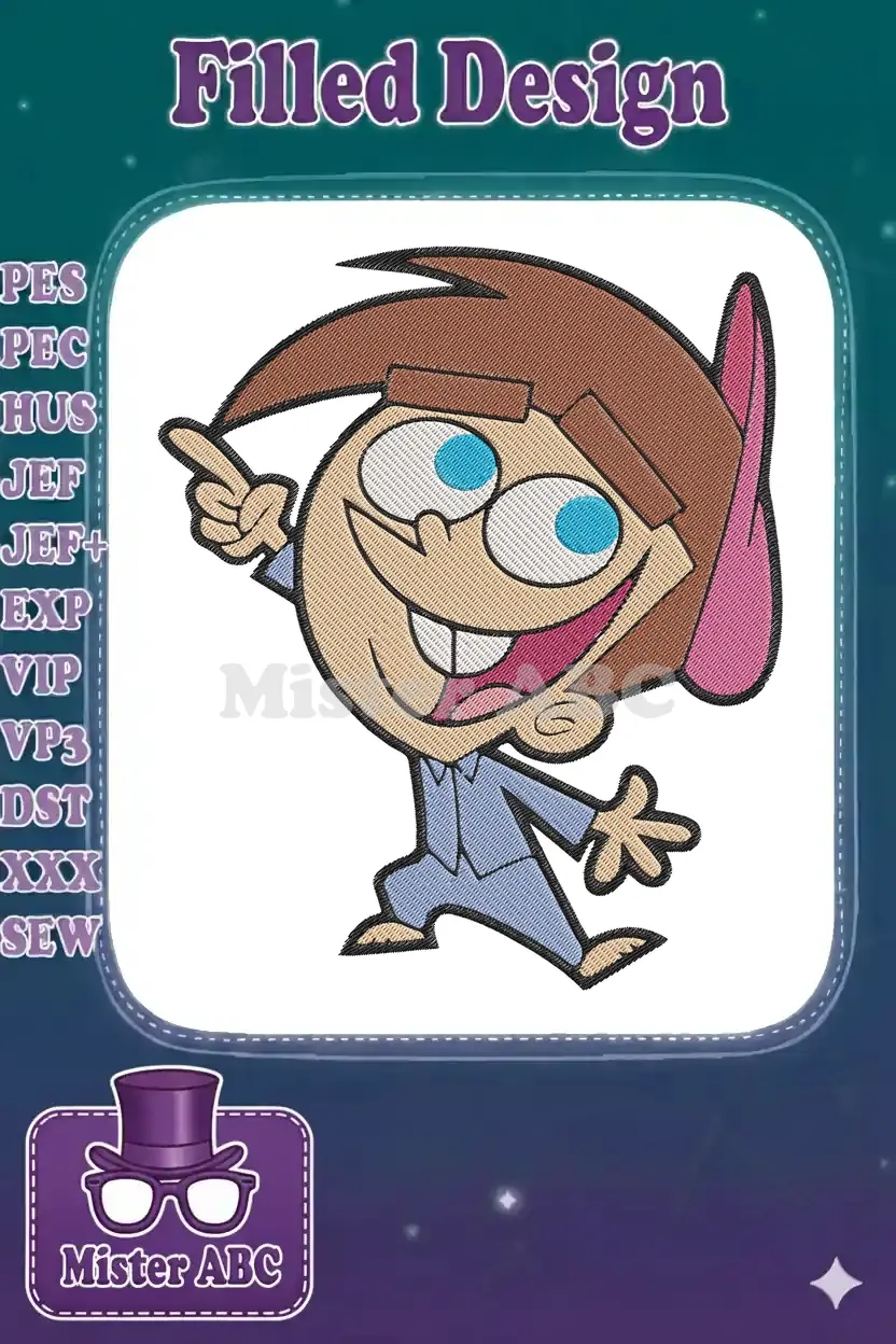 A cheerful Timmy Turner embroidery design from Fairly OddParents, pointing enthusiastically in his pajamas.