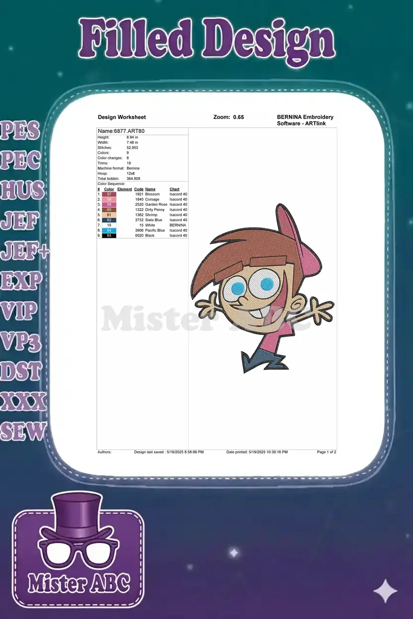 Detailed embroidery design worksheet for Timmy Turner, displaying dimensions, stitch count, colors, and thread chart.
