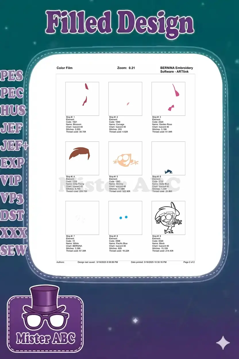 Visual breakdown of the Timmy Turner embroidery design's stitch sequence, showing each color layer individually.