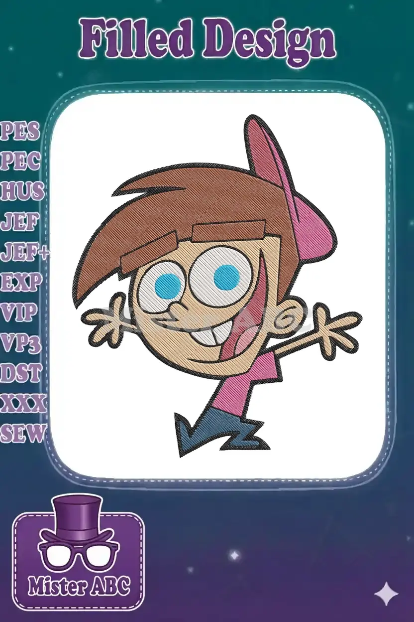 Vibrant embroidery design of Timmy Turner from Fairly OddParents, showcasing his cheerful expression and iconic pink hat.