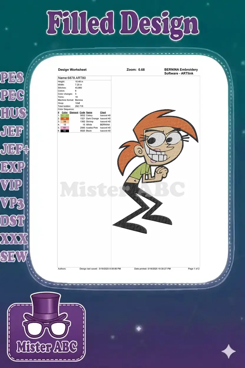 Embroidery design worksheet for Vicky, detailing stitch count, dimensions, color sequence, and thread codes for production.