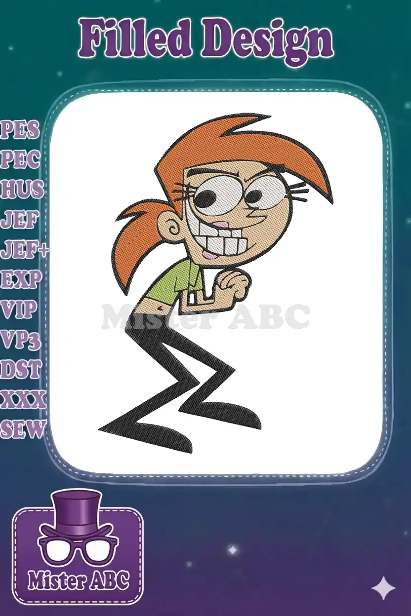 High-quality embroidery design of Vicky from Fairly OddParents, featuring her iconic mischievous expression and vibrant colors.