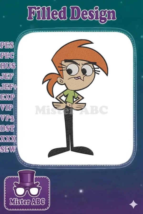 A detailed embroidery design of Vicky from The Fairly OddParents, standing with hands on hips, looking annoyed.
