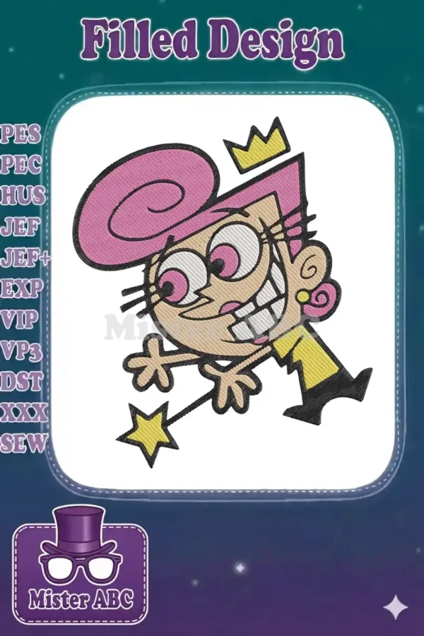 Vibrant embroidery of Wanda from The Fairly OddParents, smiling and holding her magic wand, ready to grant wishes.