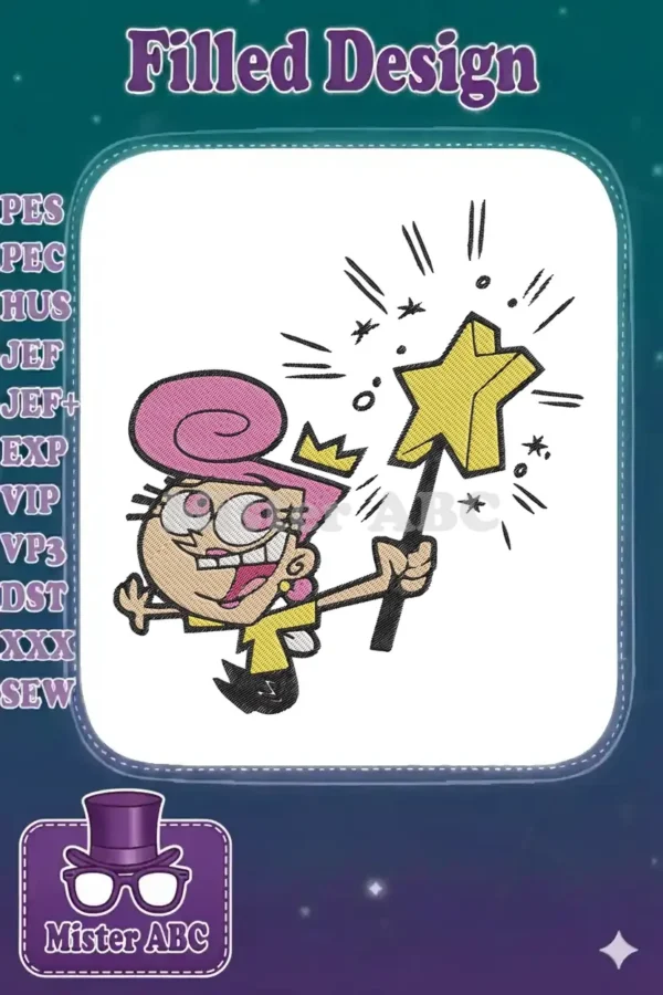 Vibrant embroidery design featuring Wanda from The Fairly OddParents, smiling and holding a sparkling yellow magic wand.