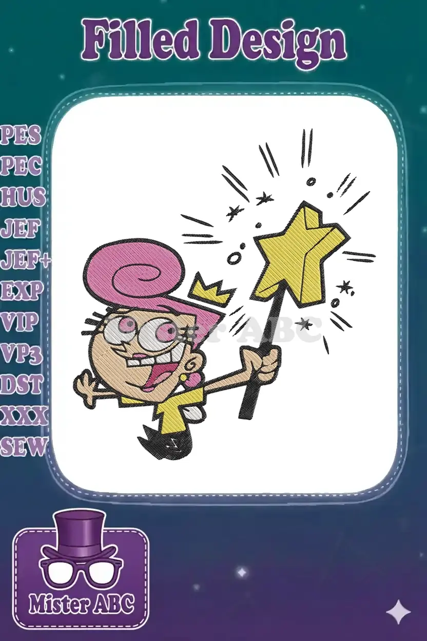 Vibrant embroidery design featuring Wanda from The Fairly OddParents, smiling and holding a sparkling yellow magic wand.