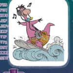 Groovy pink dinosaur surfing ocean wave with music player embroidery designs - Instant Download