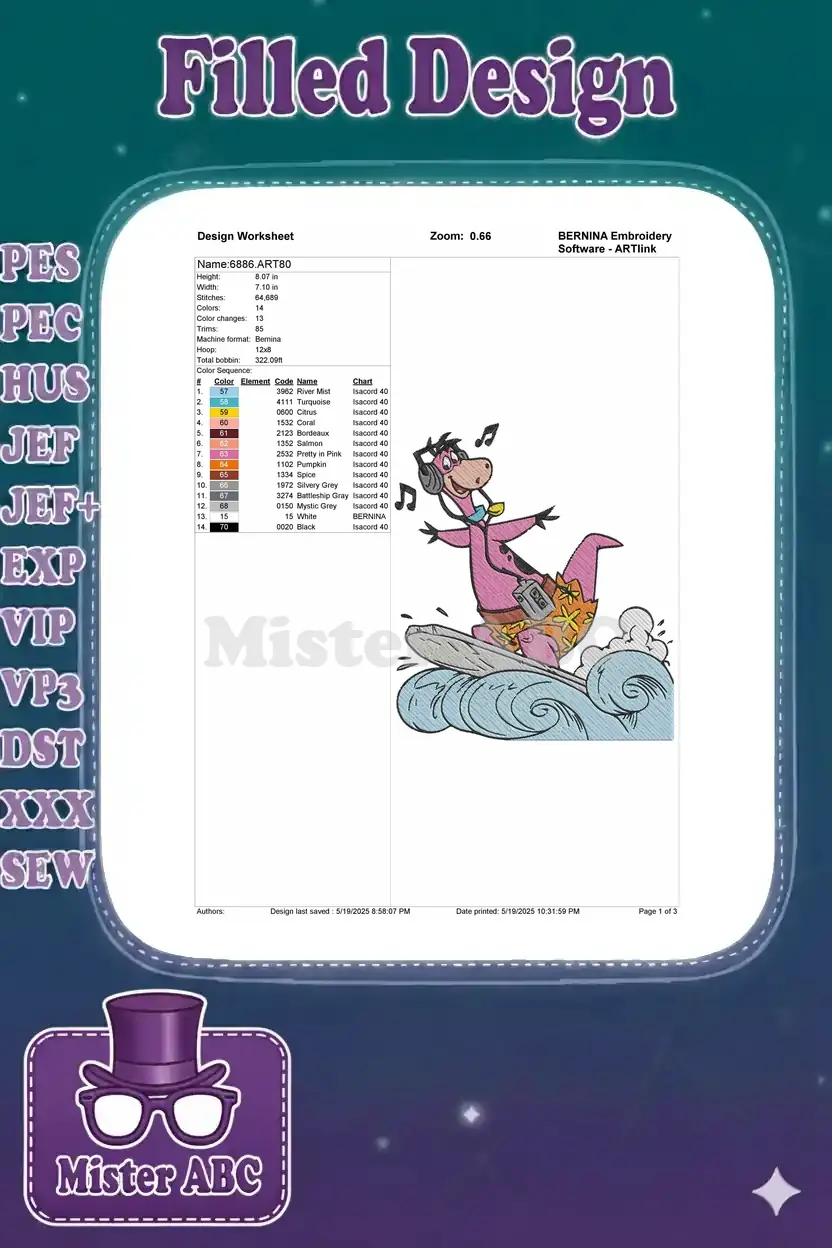 Embroidery design worksheet for Dino surfing, showing dimensions, stitch count, color sequence, and machine info.