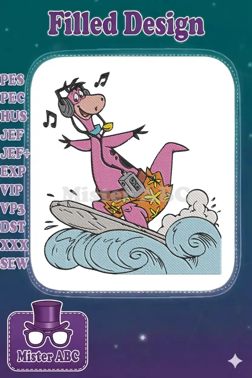 Vibrant embroidery of Dino from The Flintstones surfing a blue wave, wearing headphones and floral shorts.
