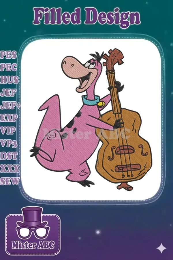 Vibrant embroidery design of Dino from The Flintstones, a pink dinosaur, happily playing an upright bass.