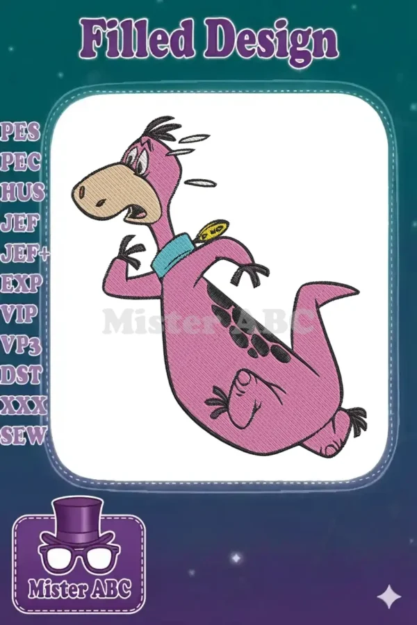 Vibrant embroidery design of Dino from The Flintstones, a pink dinosaur-like character looking surprised.