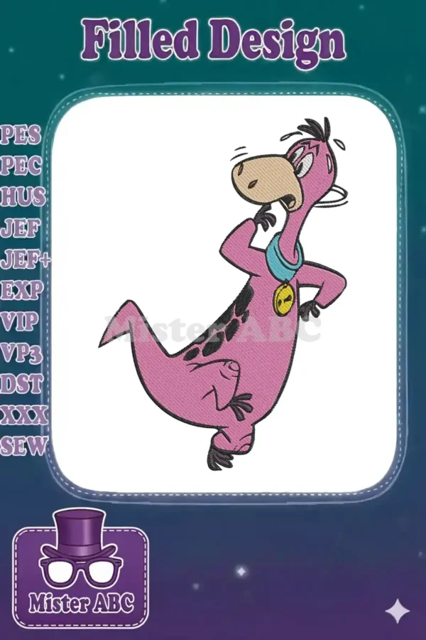 A vibrant digital embroidery design of Dino from The Flintstones, a pink dinosaur with a surprised expression, light brown snout, blue collar, and yellow tag against a white background.