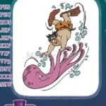 Prehistoric cartoon diver and smiling pink octopus underwater embroidery designs - Instant Download