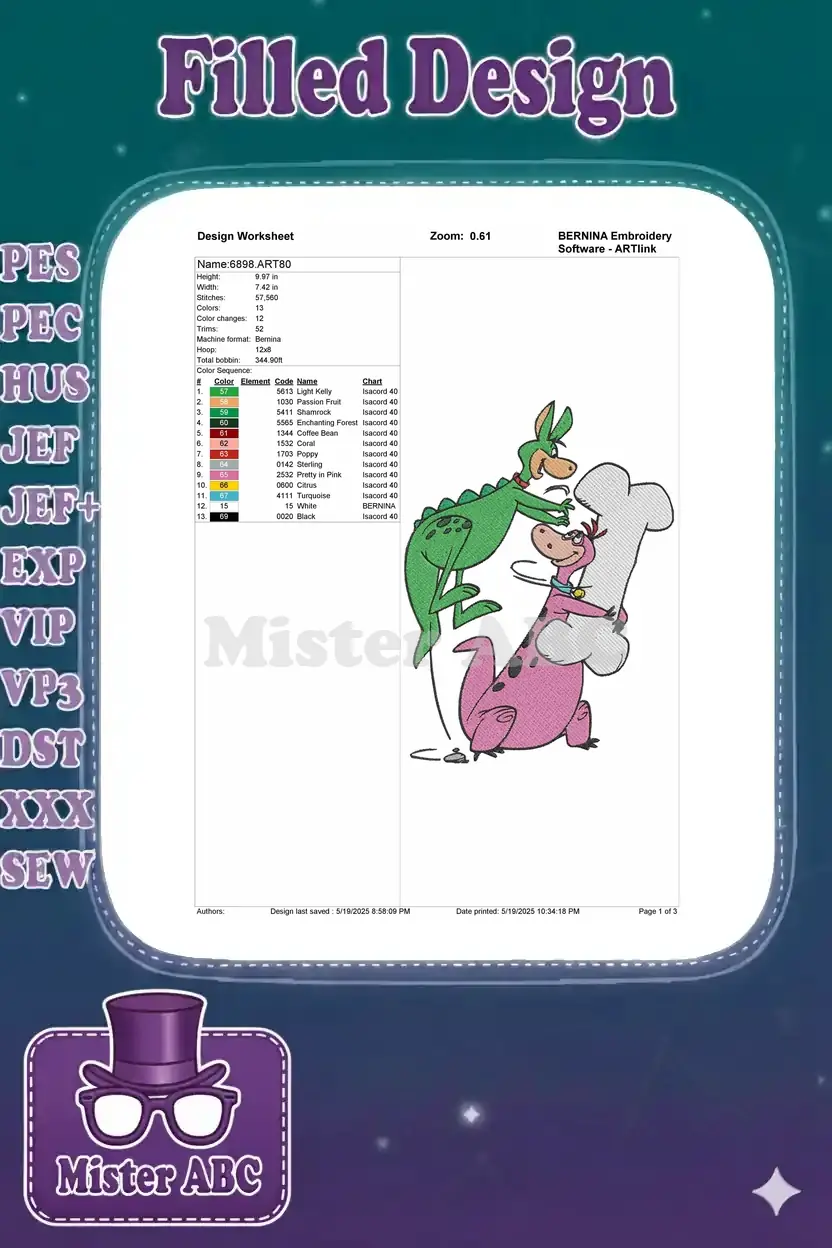 An embroidery design worksheet detailing specifications like design name, dimensions, stitch count, color sequence, and machine format.