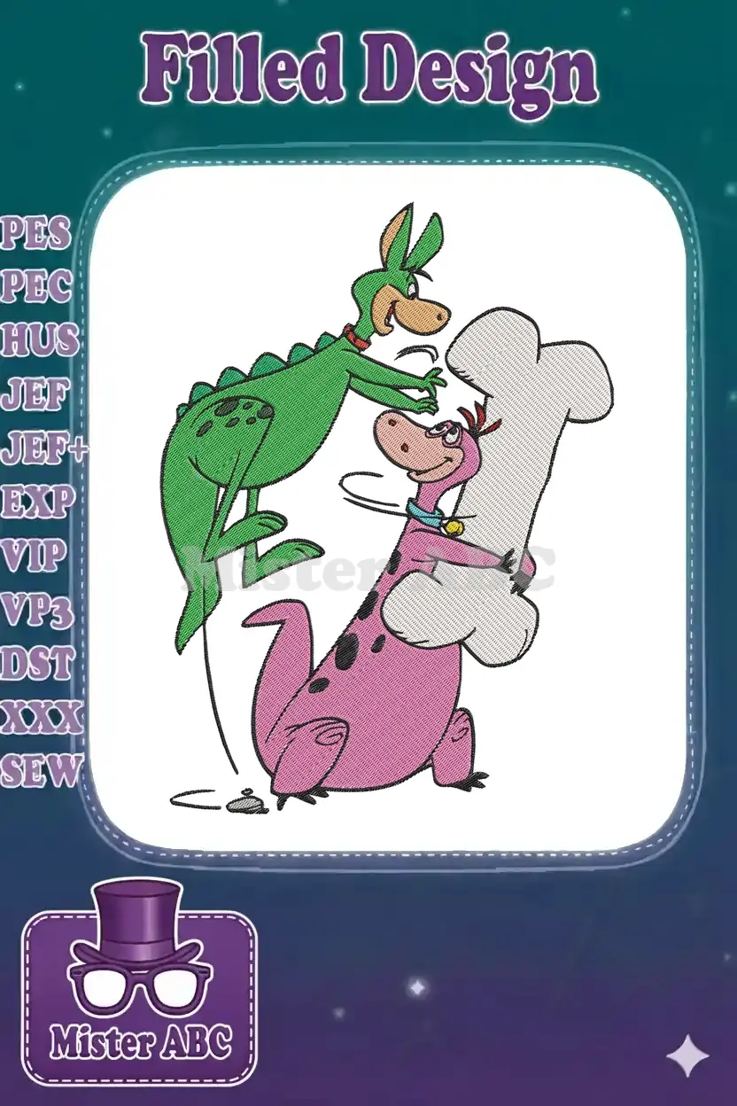 A lively embroidery design depicting Dino the dinosaur and Hoppy the hopparoo from The Flintstones playfully vying for a large bone.