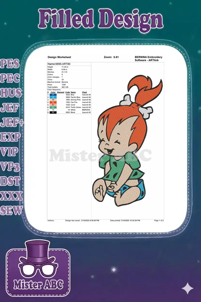 Detailed embroidery design worksheet for Pebbles Flintstone, showing dimensions, stitch count, and color sequence.