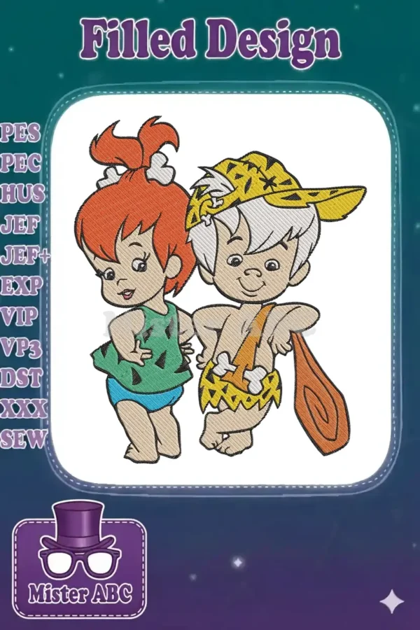 Embroidered design of Pebbles Flintstone and Bamm-Bamm Rubble, smiling and standing together, full of charm.