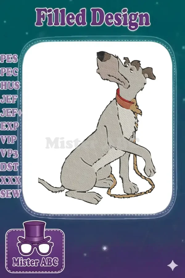 Detailed embroidery design of a grey-brown hound dog with a red collar and leash, sitting attentively.