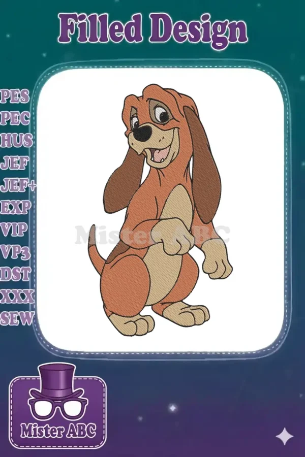 A vibrant embroidery design featuring Copper, the happy hound dog from Disney's The Fox and the Hound, standing playfully.