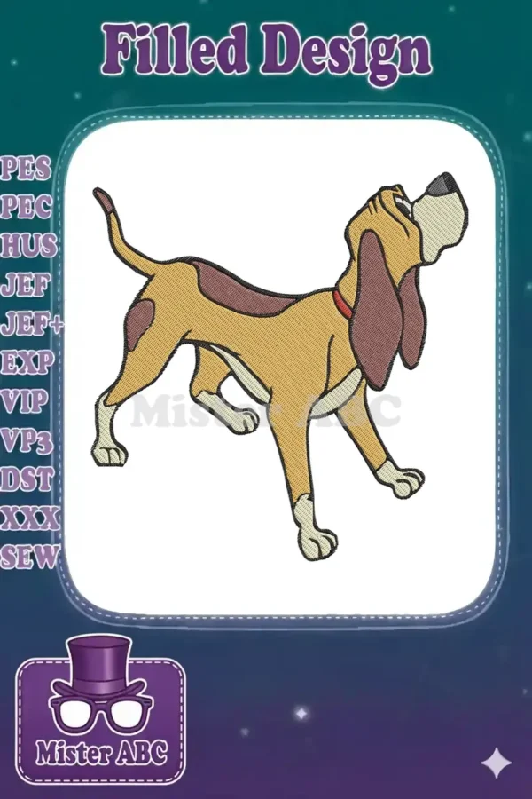 Full view of an embroidered cartoon hound dog, standing with head tilted up, showcasing detailed thread work.