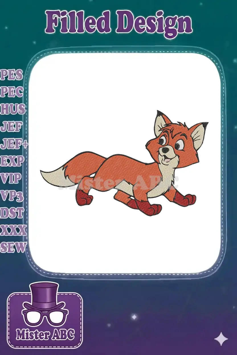 A vibrant embroidery design featuring Tod the Fox from Disney's classic, showcasing his playful and friendly pose.