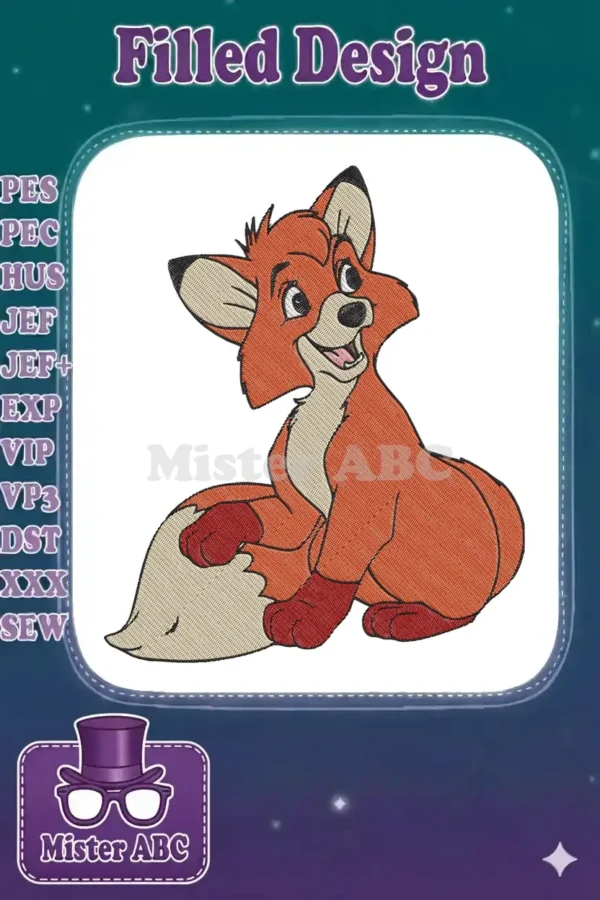 Delightful embroidery design featuring Todd the fox, smiling and sitting, perfect for children's items and Disney fans.