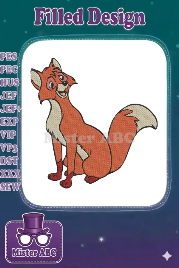A vibrant embroidery design of Tod the fox from Disney's classic movie, sitting and smiling, ready for your projects.