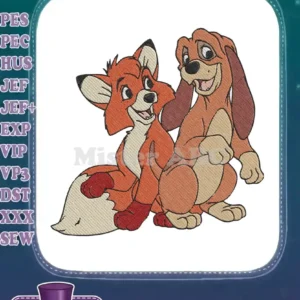 A vibrant embroidery design featuring Tod the fox and Copper the hound from Disney's The Fox and the Hound.