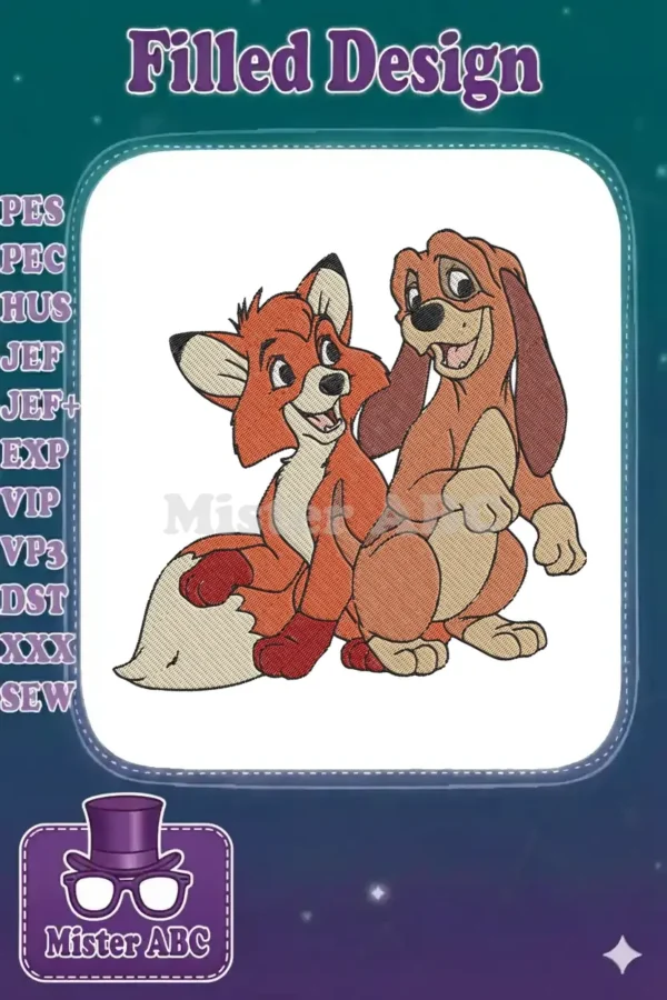 A vibrant embroidery design featuring Tod the fox and Copper the hound from Disney's The Fox and the Hound.