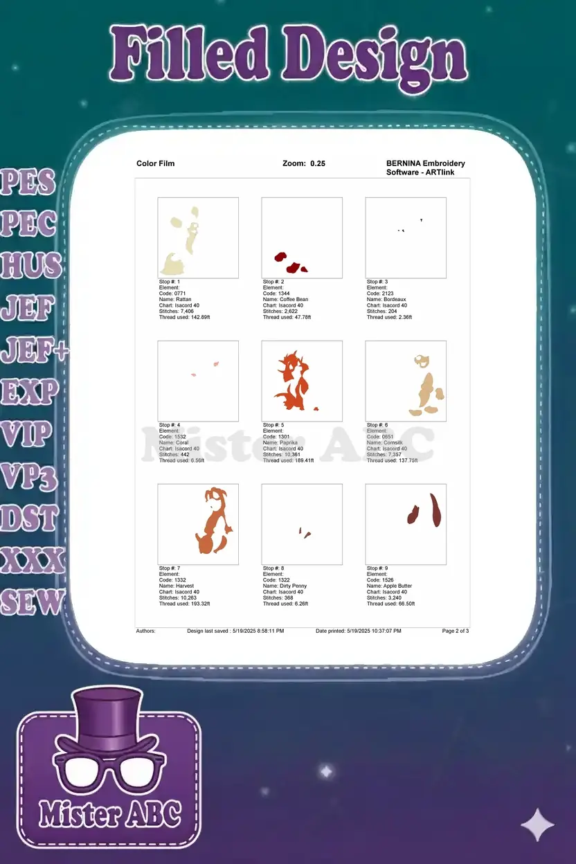 A 'Color Film' document, page 2 of 3, showing individual stitch elements for the first nine colors of the design.