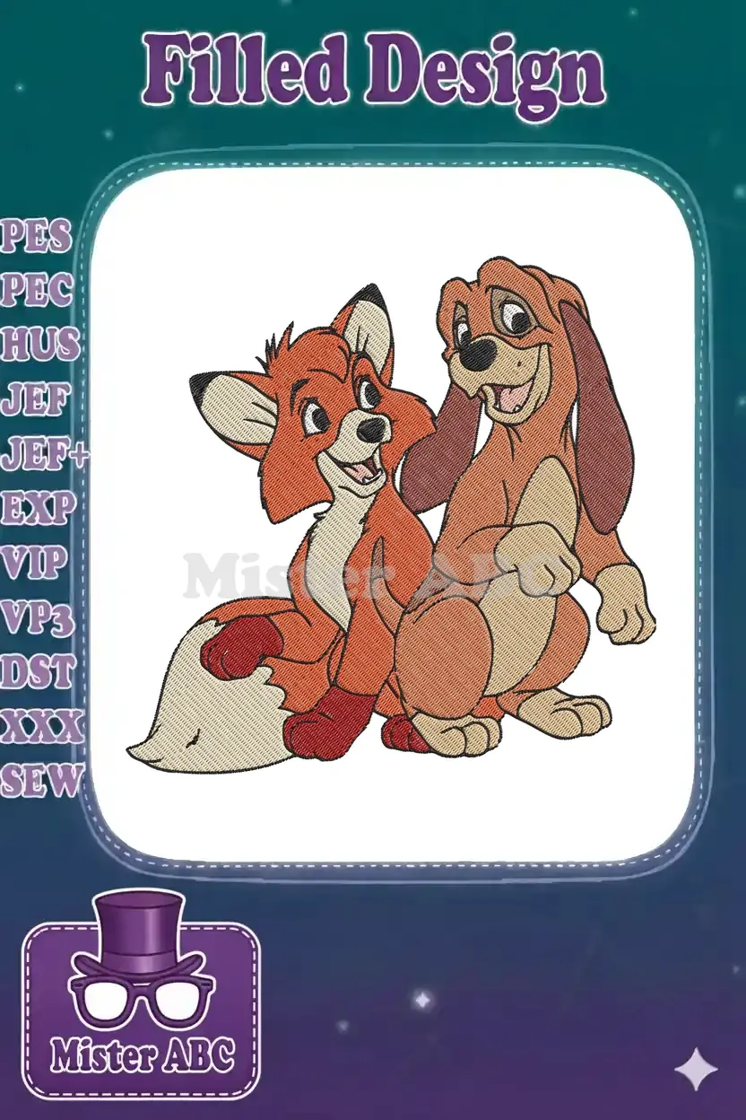 A vibrant embroidery design featuring Tod the fox and Copper the hound from Disney's The Fox and the Hound.