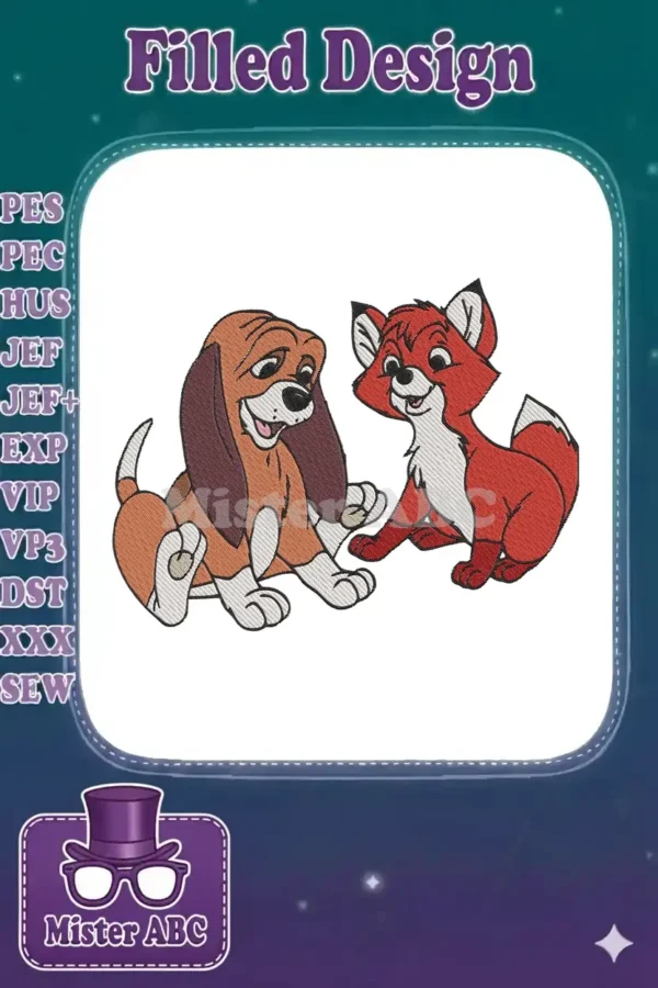 Adorable embroidery design featuring young Tod the fox and Copper the hound, sitting together with friendly smiles.