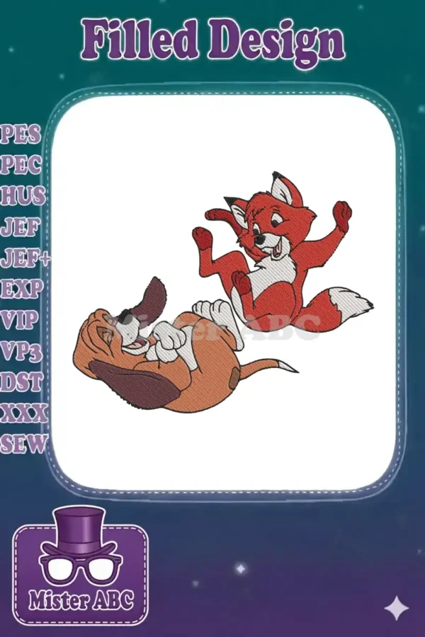 Playful embroidery design featuring Disney's Tod the fox and Copper the hound, captured mid-frolic.