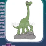 Friendly green long-necked cartoon dinosaur standing on rock embroidery designs - Instant Download