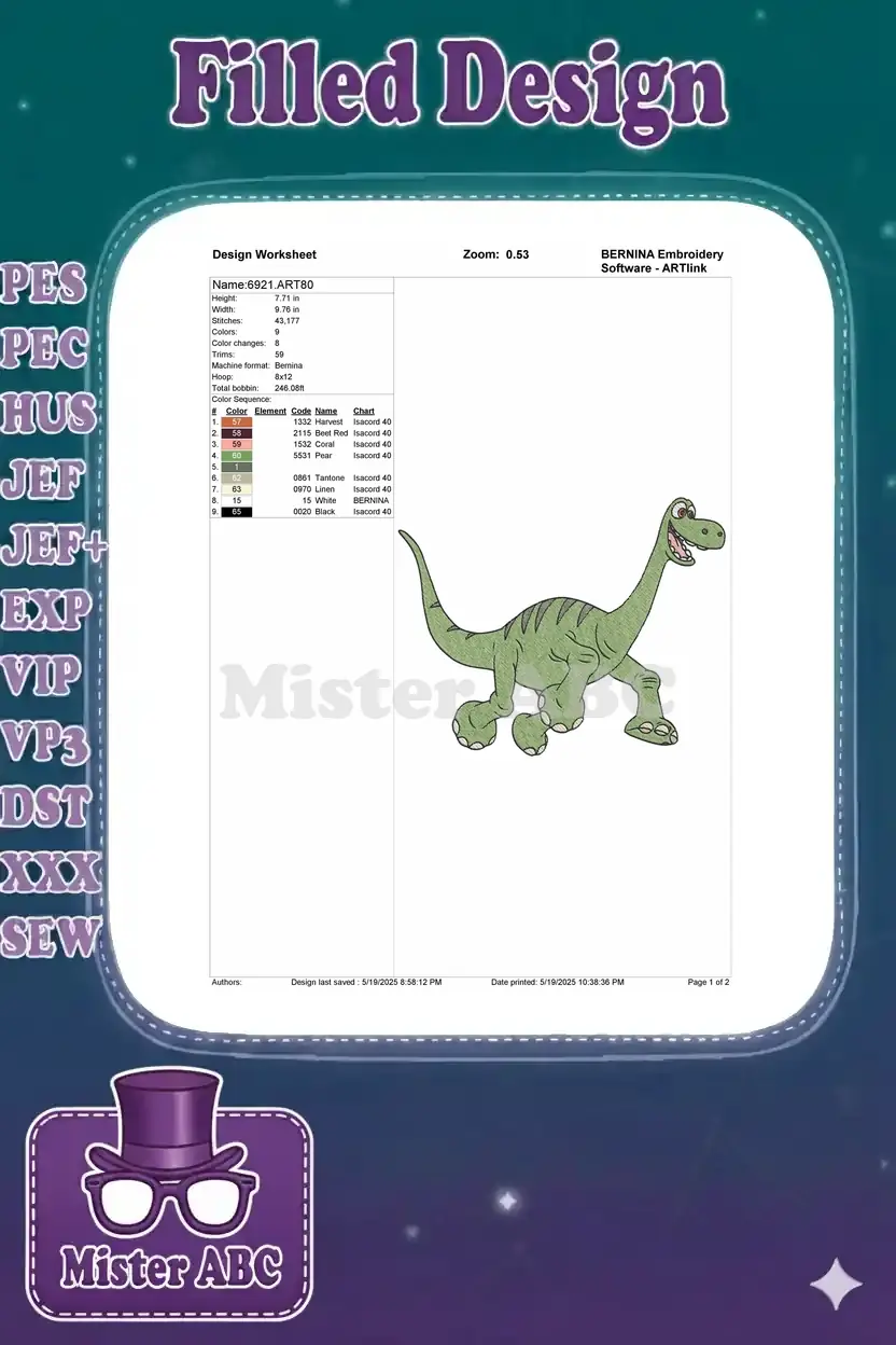 Technical worksheet for the Arlo dinosaur embroidery design, detailing dimensions, stitch count, color sequence, and machine format.
