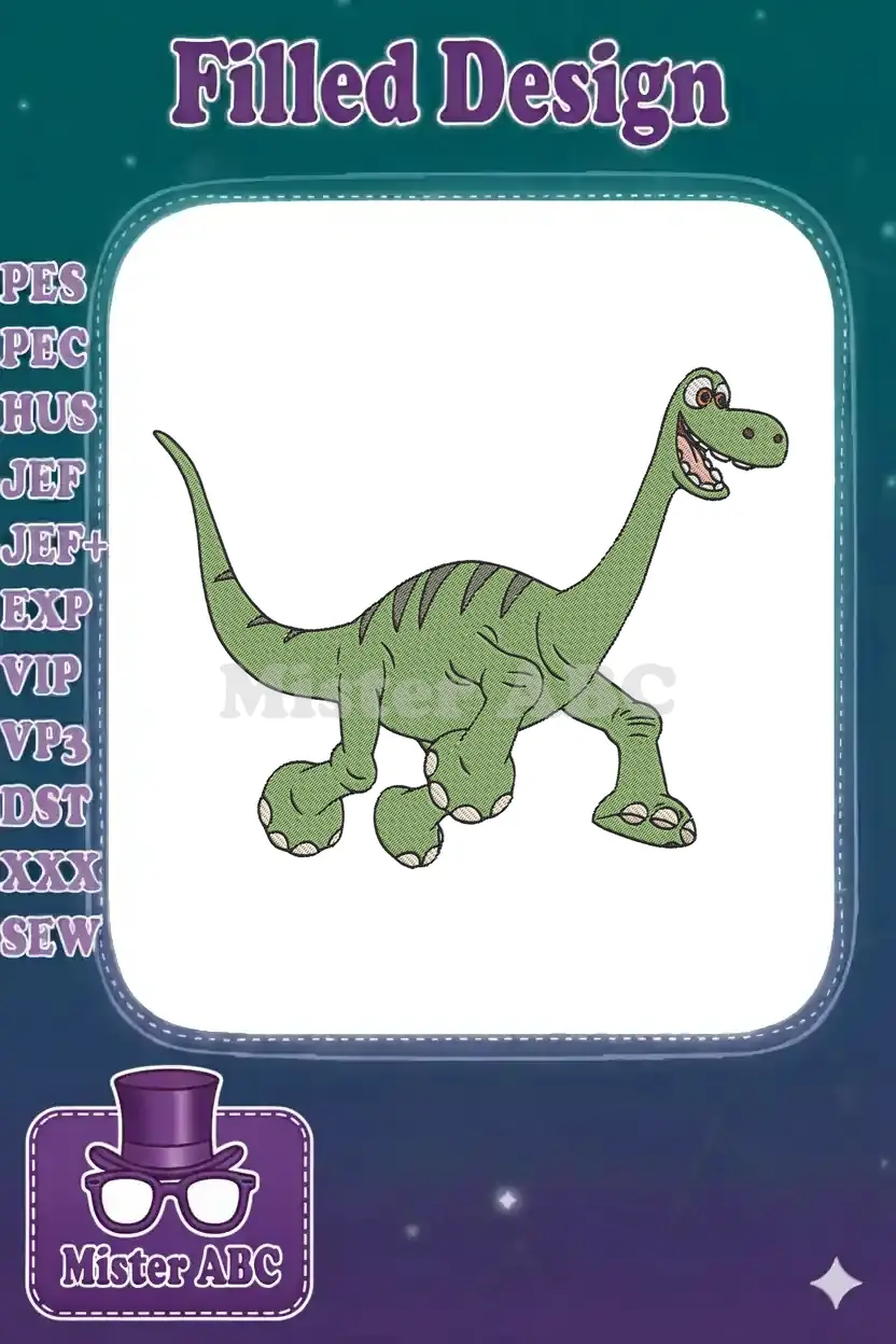 A vibrant embroidery design of Arlo, the friendly green dinosaur from Disney Pixar's The Good Dinosaur, in a joyful walking pose.