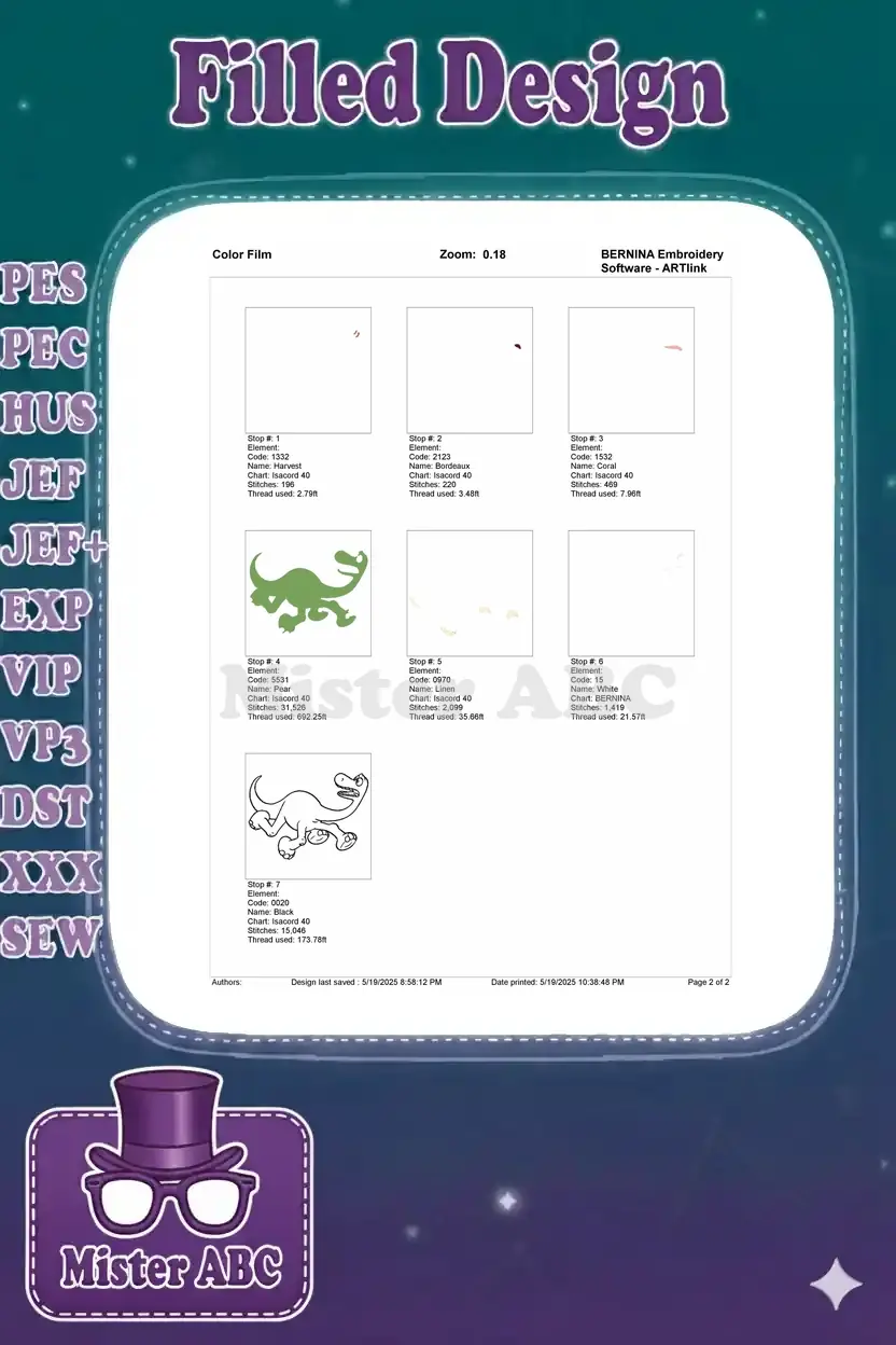 A color film breakdown illustrating each individual color stop and their stitching sequence for the dinosaur embroidery design.