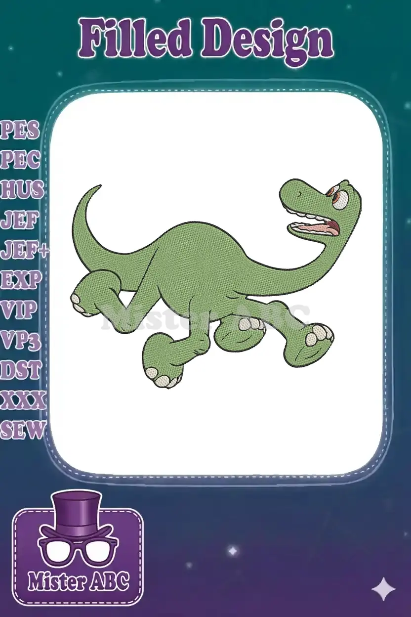 A vibrant green cartoon dinosaur embroidery design in a surprised pose, with textured fill stitches and a black outline.