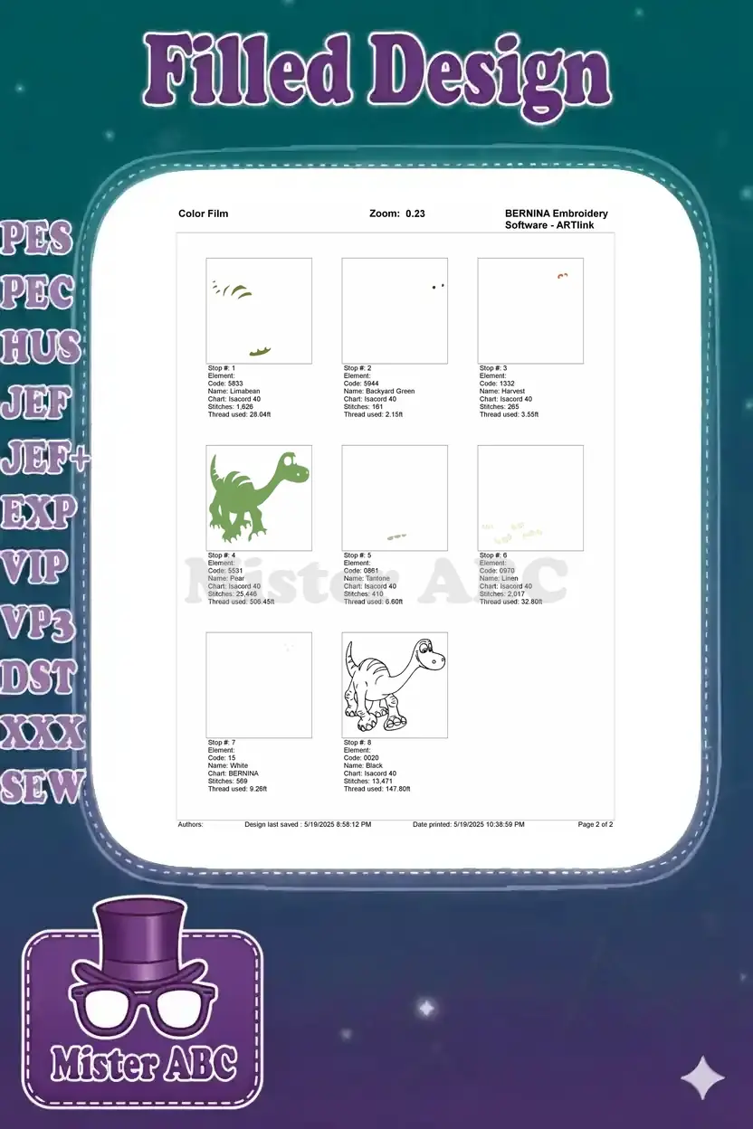 Color film sequence for the dinosaur embroidery design, showing each stitch stop and thread color.