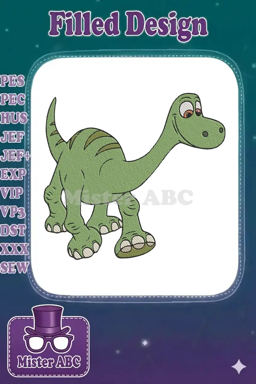 A cheerful, full-body green cartoon dinosaur embroidery design, facing right with a friendly smile.