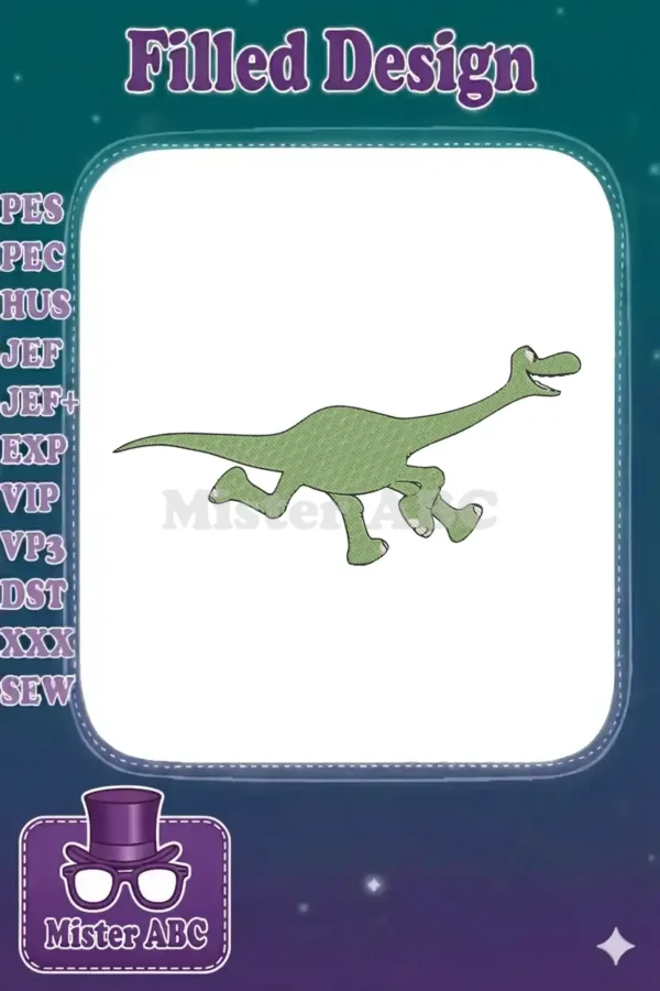 A vibrant embroidery design featuring Arlo, the friendly green dinosaur from The Good Dinosaur, in a playful running pose.