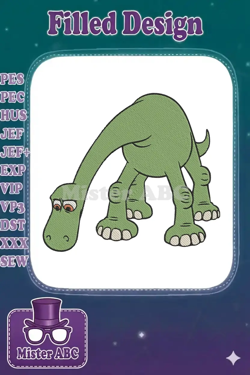 A detailed embroidery design of Arlo, the green long-necked dinosaur from 'The Good Dinosaur', looking sad and introspective.