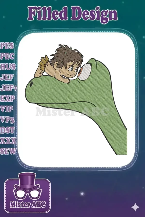 Close-up embroidery design of a curious baby with leafy hair looking into the eye of a gentle green dinosaur.